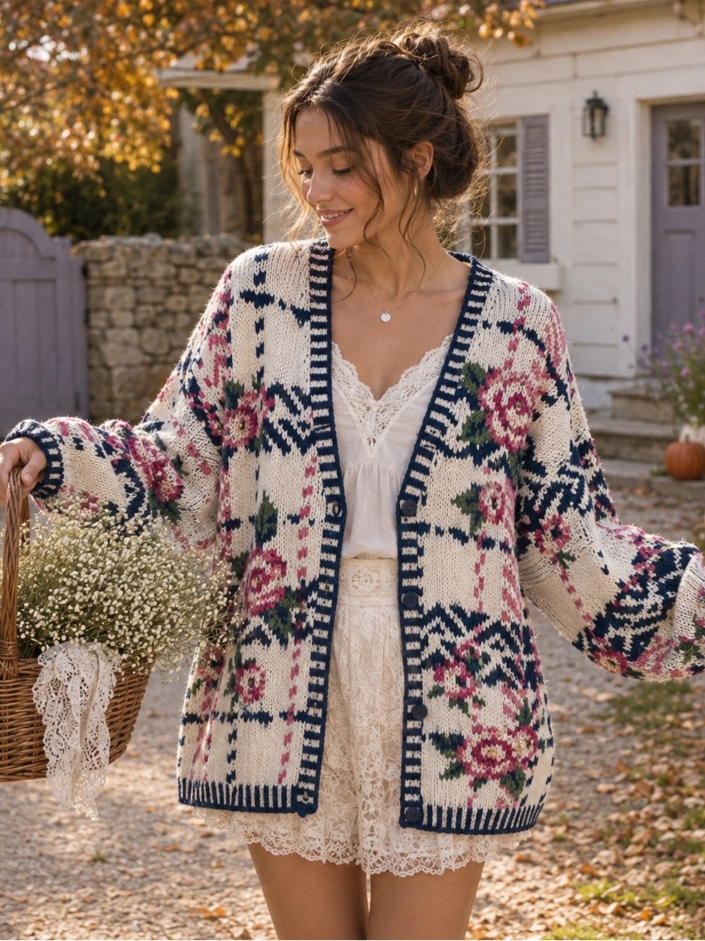 Vintage 90s Cottagecore Floral Knit Cardigan Sweater - White & Pink
